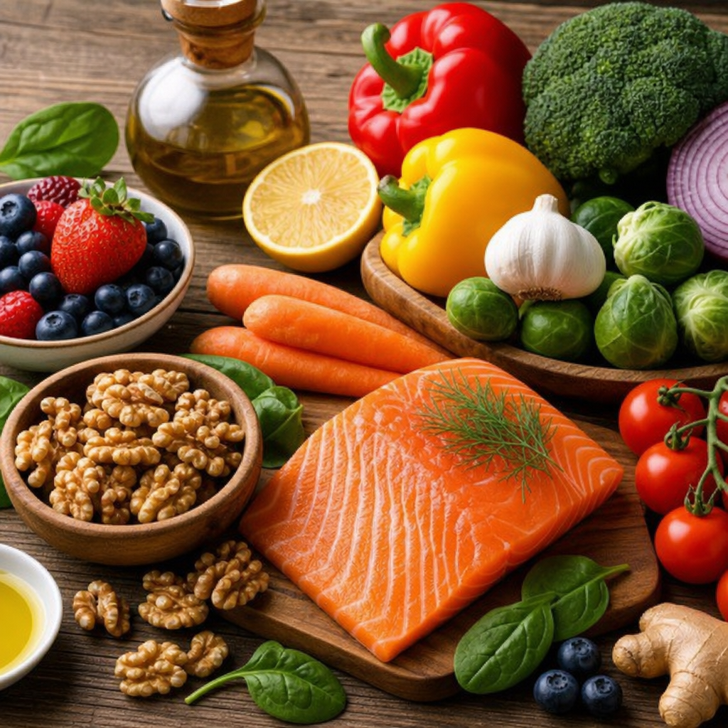 Frische, entzündungshemmende Lebensmittel wie Lachs, Walnüsse und buntes Gemüse auf einem Holztisch