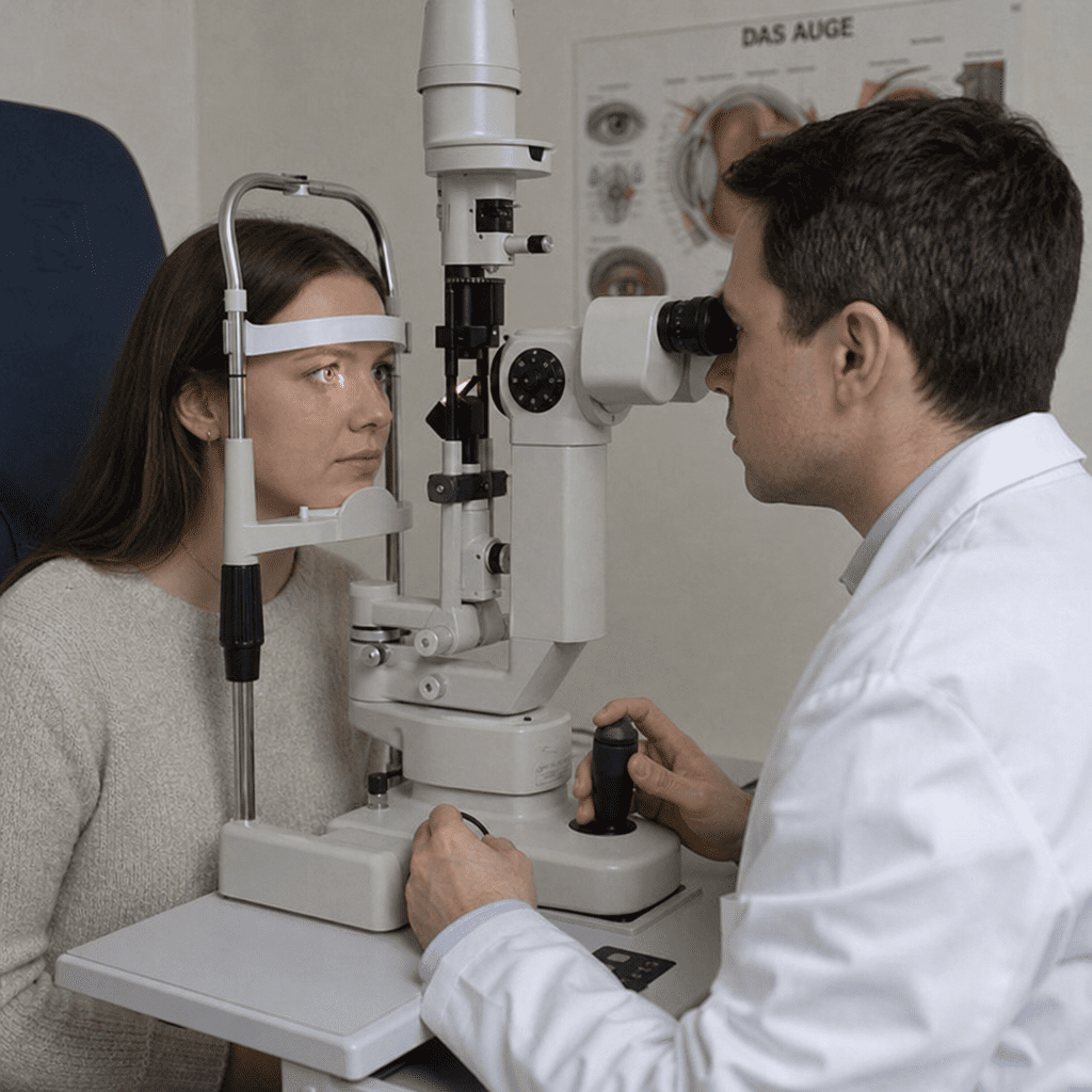 Augenarzt untersucht Patienten am Spaltlampenmikroskop