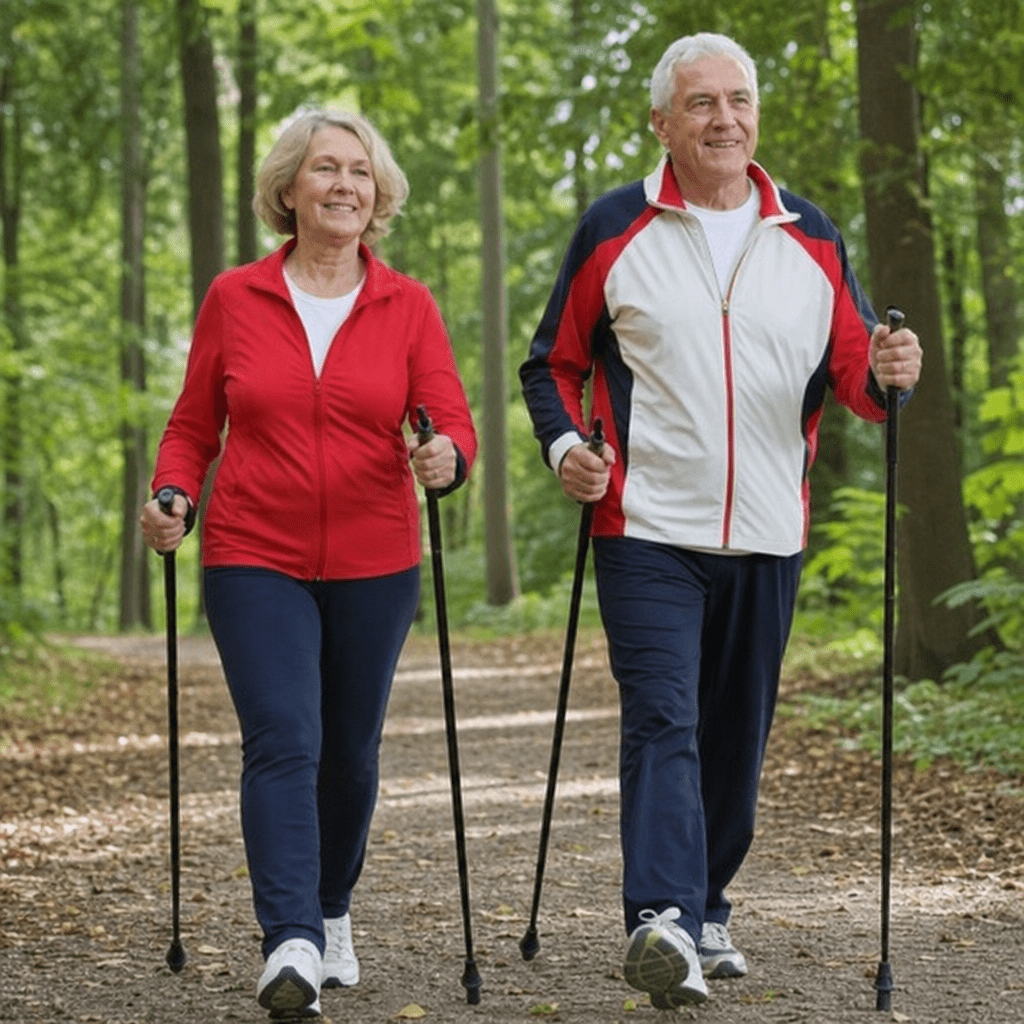 Aktive Senioren beim gelenkschonenden Nordic Walking im Wald