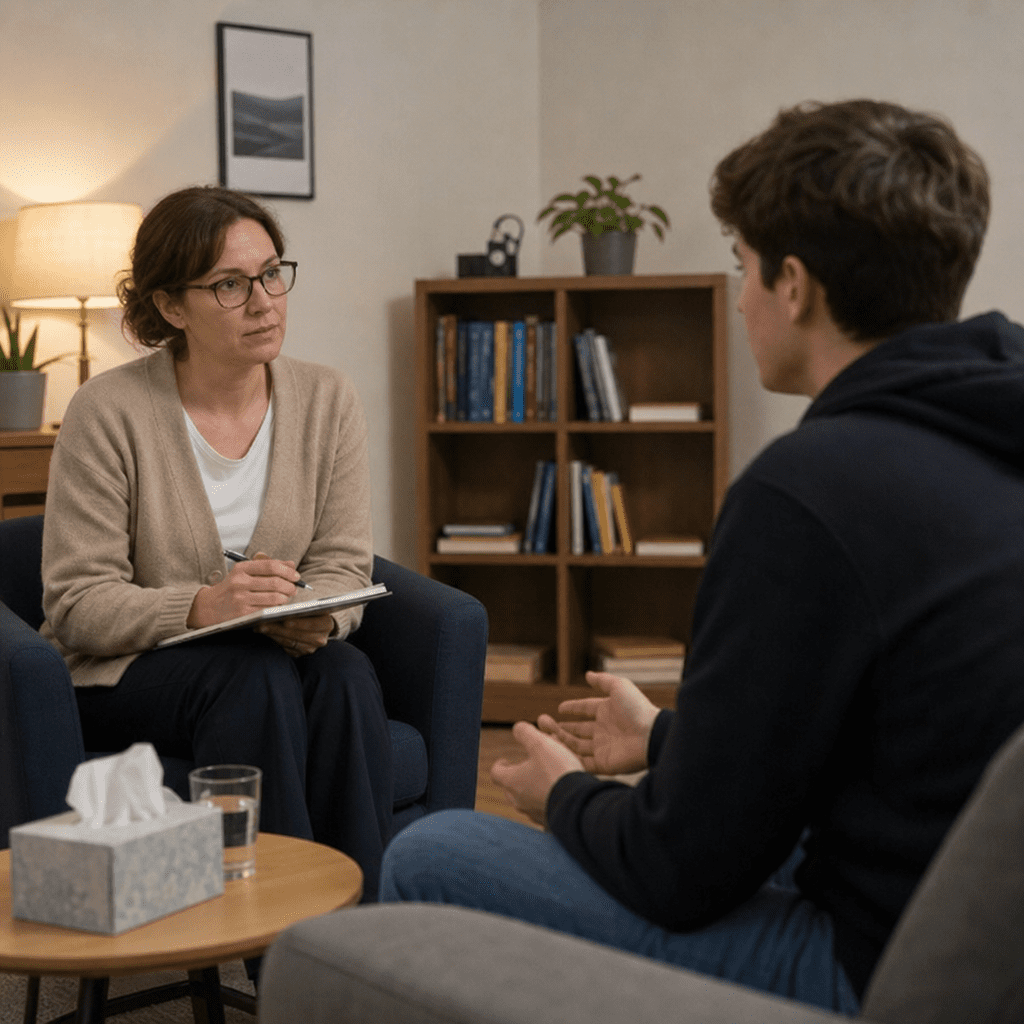 Therapiegespräch zwischen Patient und Psychotherapeut