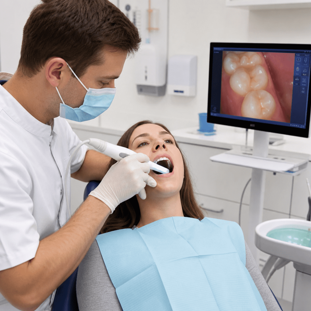 Zahnarzt bei der Untersuchung eines Patienten mit einer Intraoralkamera