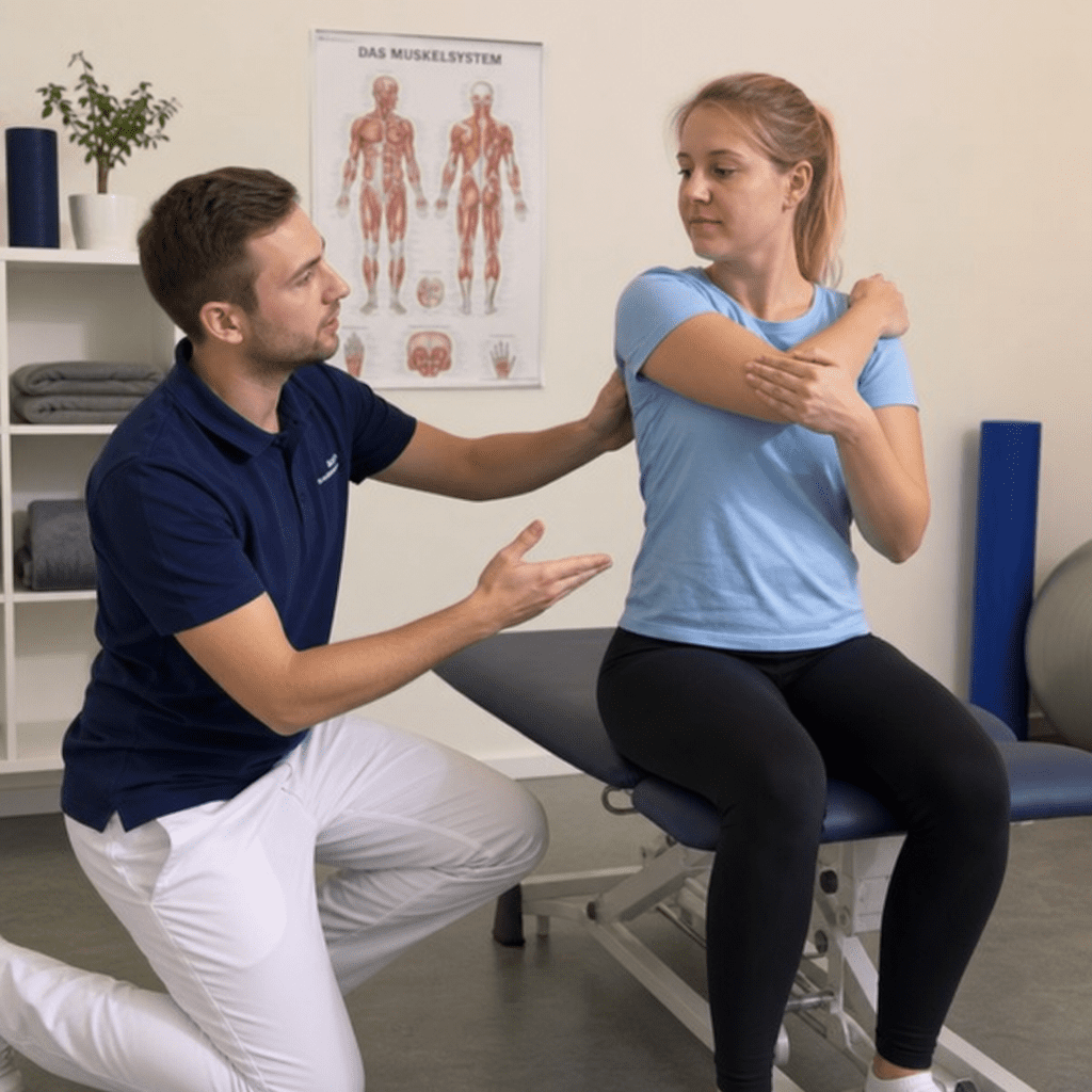 Ein Physiotherapeut zeigt einer Patientin Übungen zur Mobilisation