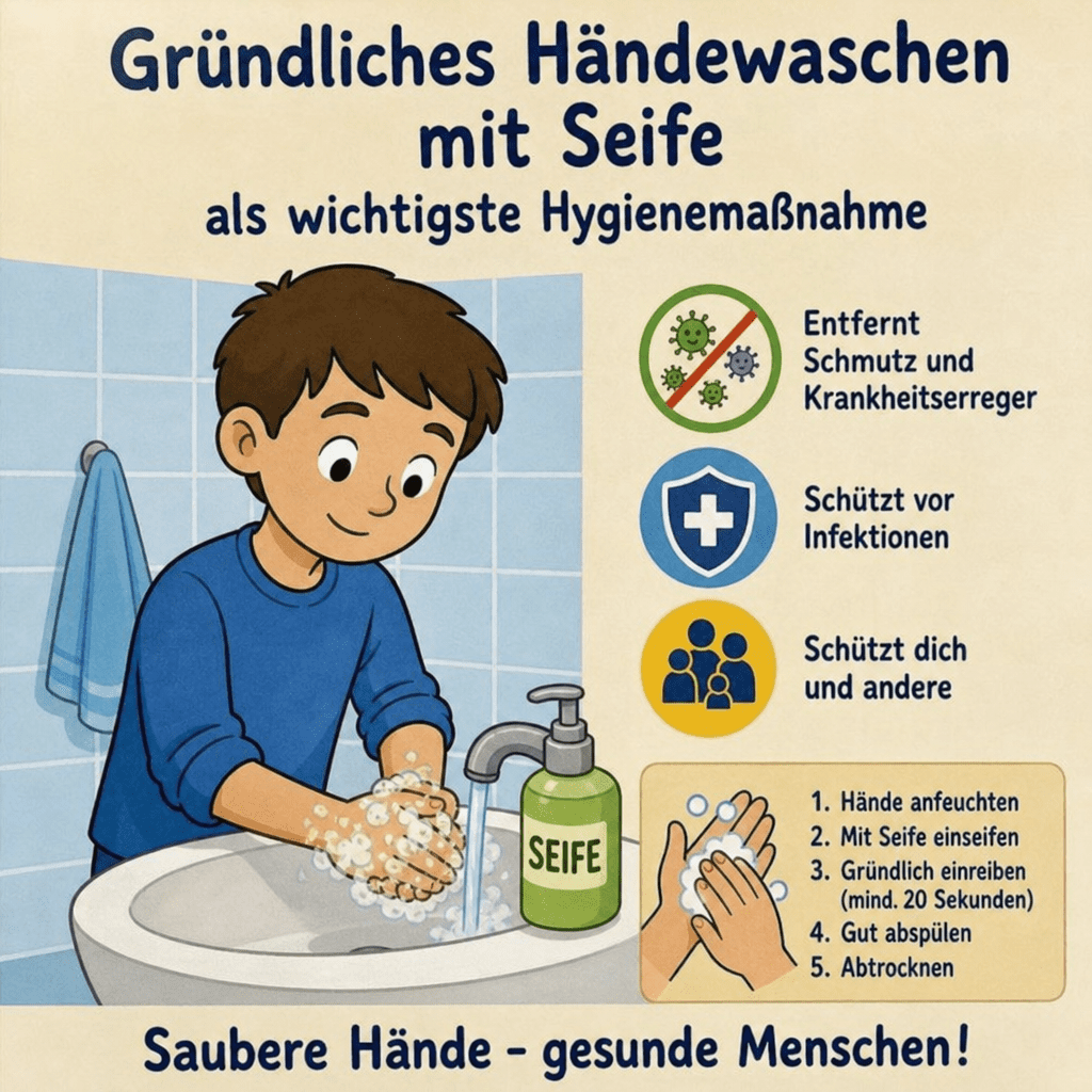 Gründliches Händewaschen mit Seife als wichtigste Hygienemaßnahme