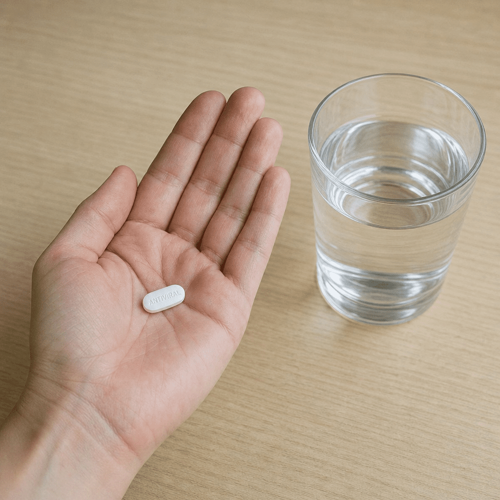 Eine offene Hand hält eine antivirale Tablette neben einem Glas Wasser