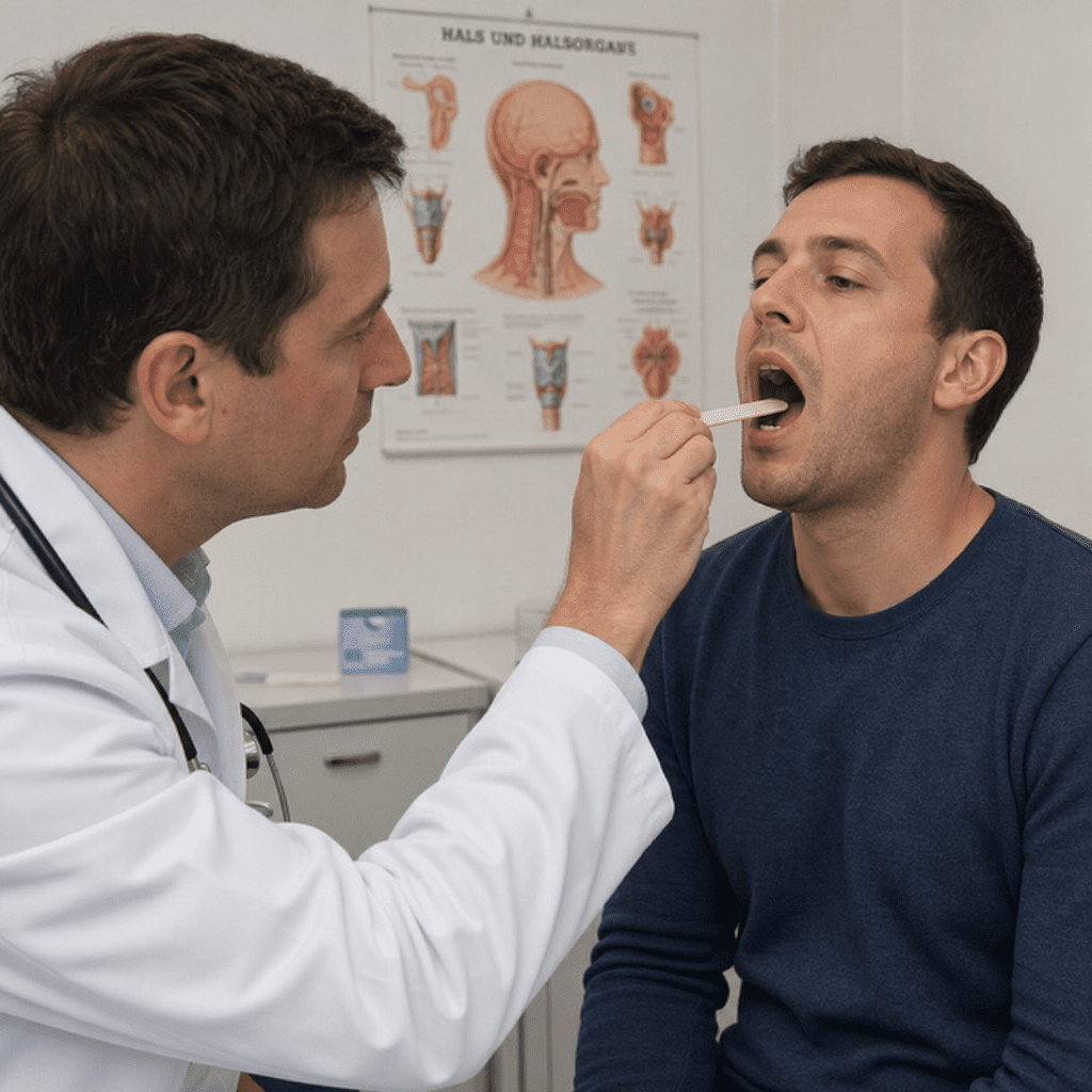 Ein Arzt untersucht den Halsbereich eines erwachsenen Patienten mit einem Spatel
