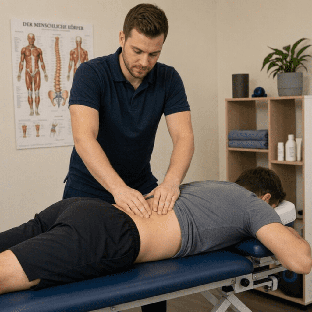 Physiotherapeut behandelt den unteren Rücken eines Patienten auf einer Liege