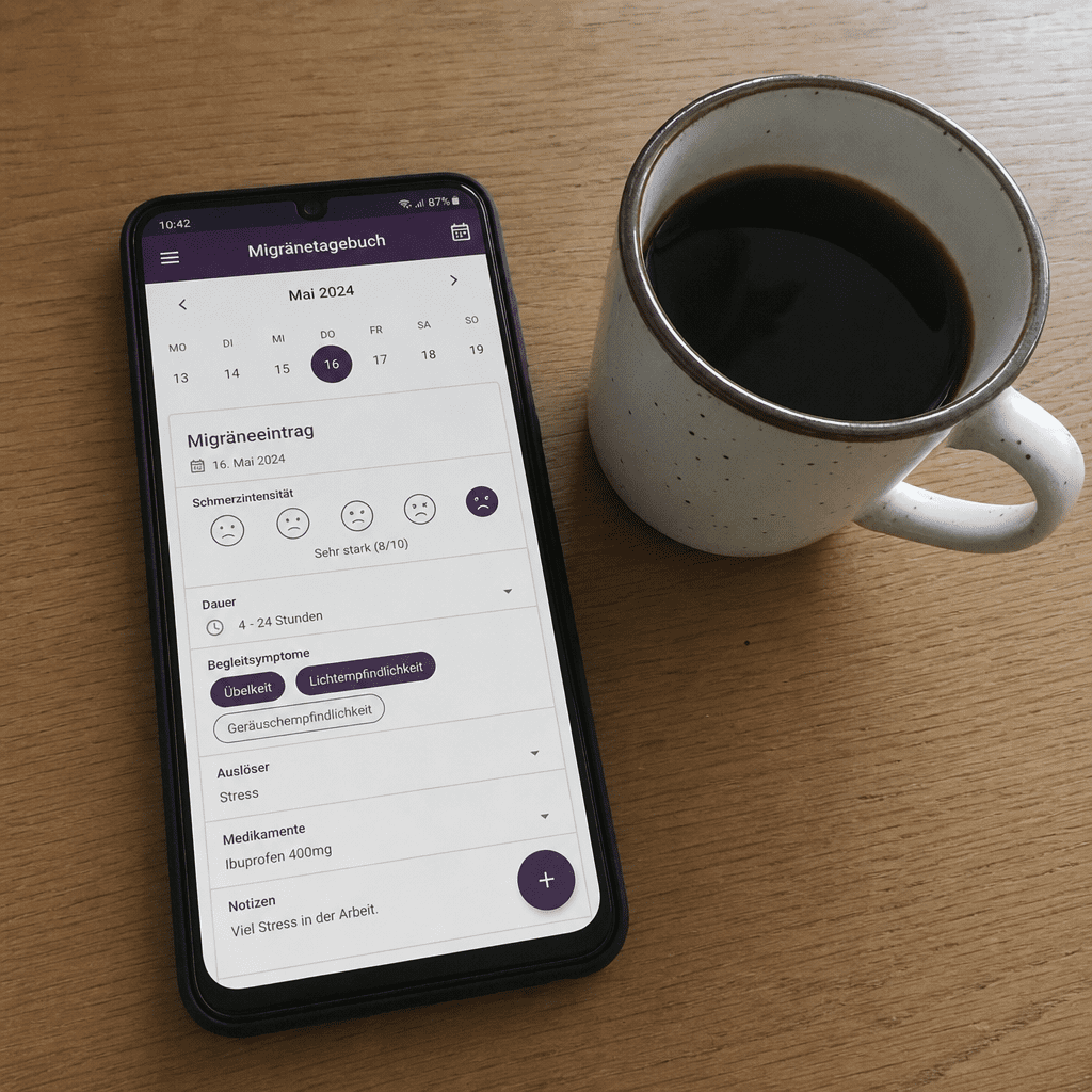 Smartphone mit einer geöffneten Migränetagebuch-App neben einer Kaffeetasse