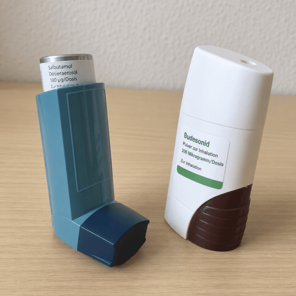 Zwei verschiedene Asthma-Inhalatoren auf einem Tisch zur Veranschaulichung
