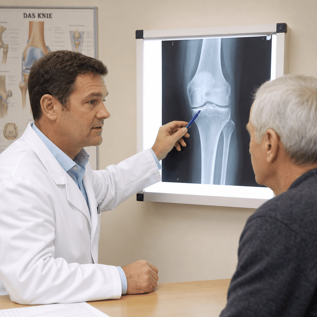 Orthopäde erklärt einem Patienten geduldig ein Knie-Röntgenbild