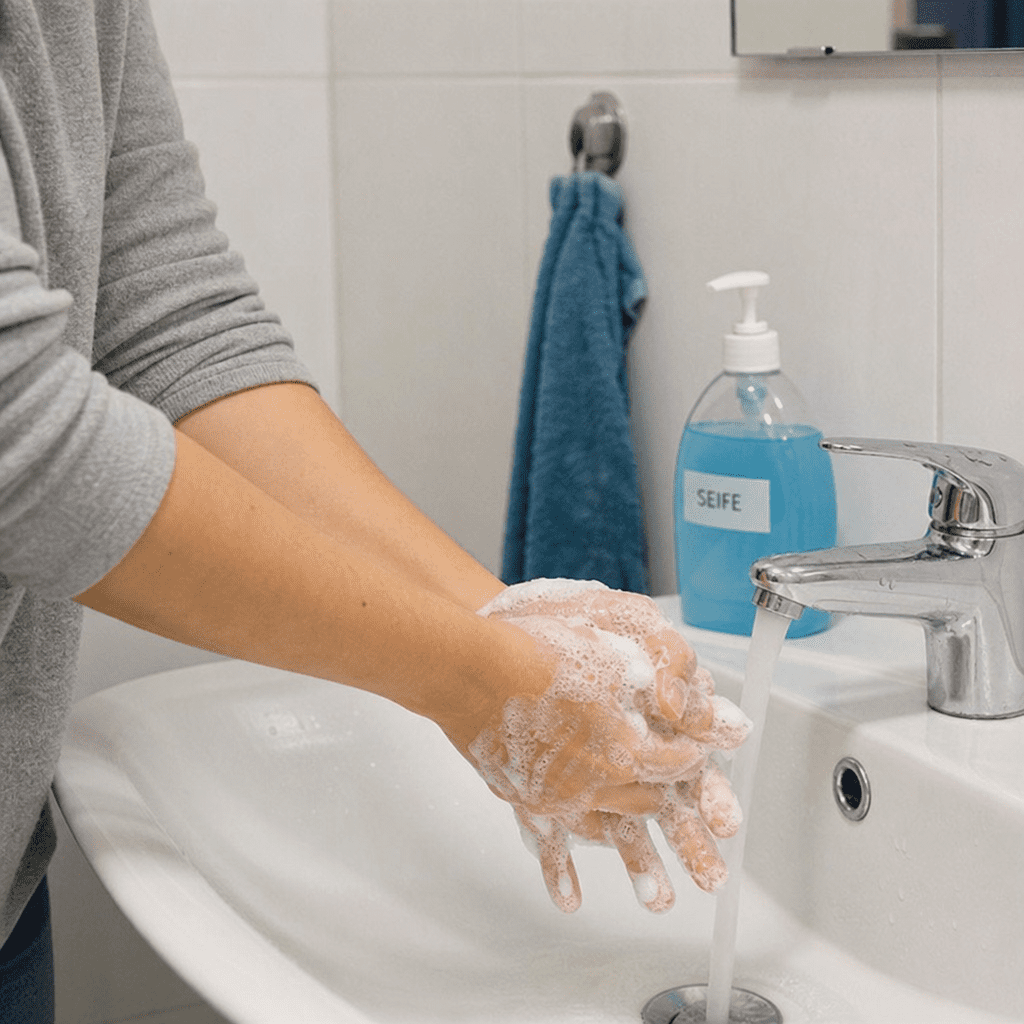 Gründliches Händewaschen mit Seife am Waschbecken
