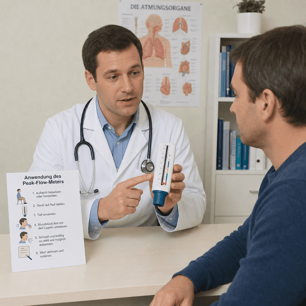 Arzt erklärt einem Patienten die Anwendung des Peak-Flow-Meters