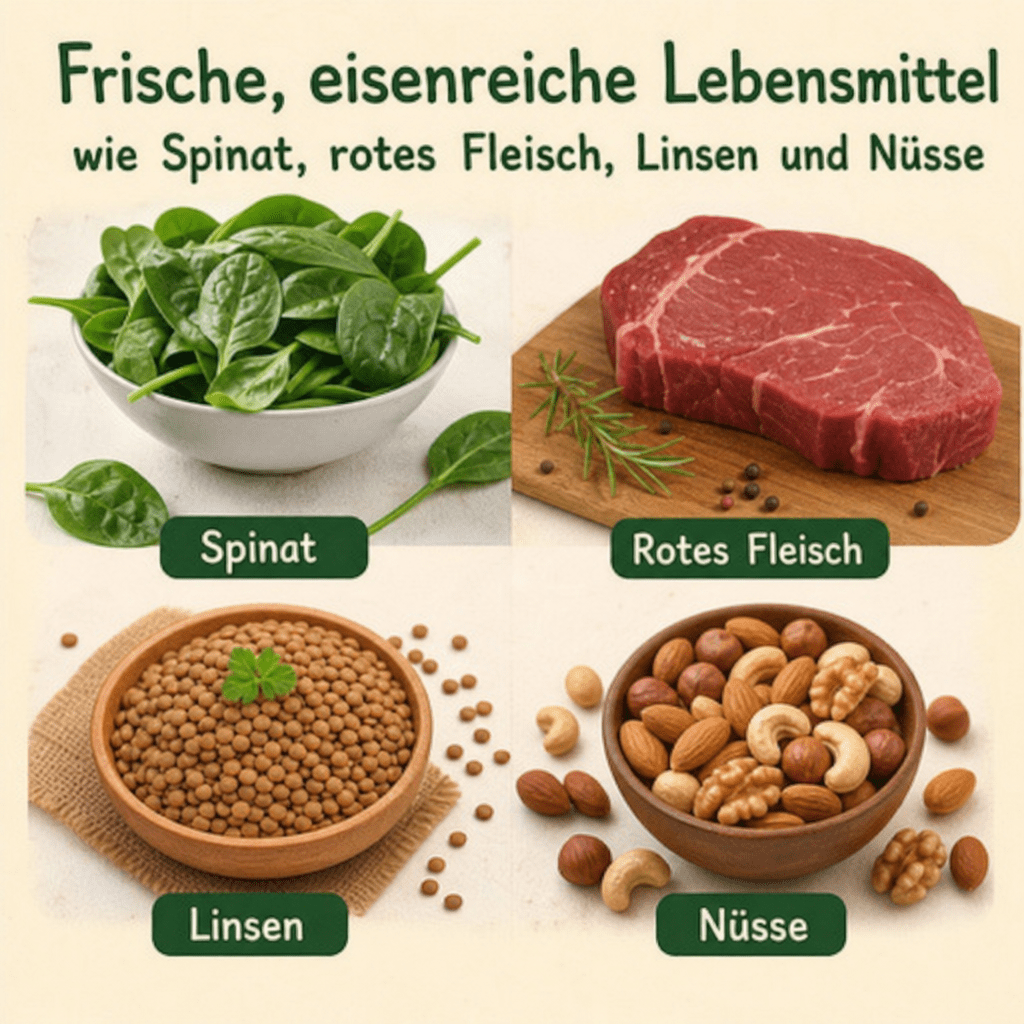 Frische, eisenreiche Lebensmittel wie Spinat, rotes Fleisch, Linsen und Nüsse