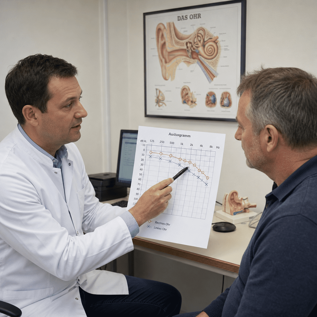 HNO-Arzt erklärt einem Patienten mittleren Alters das Audiogramm eines Hörtests